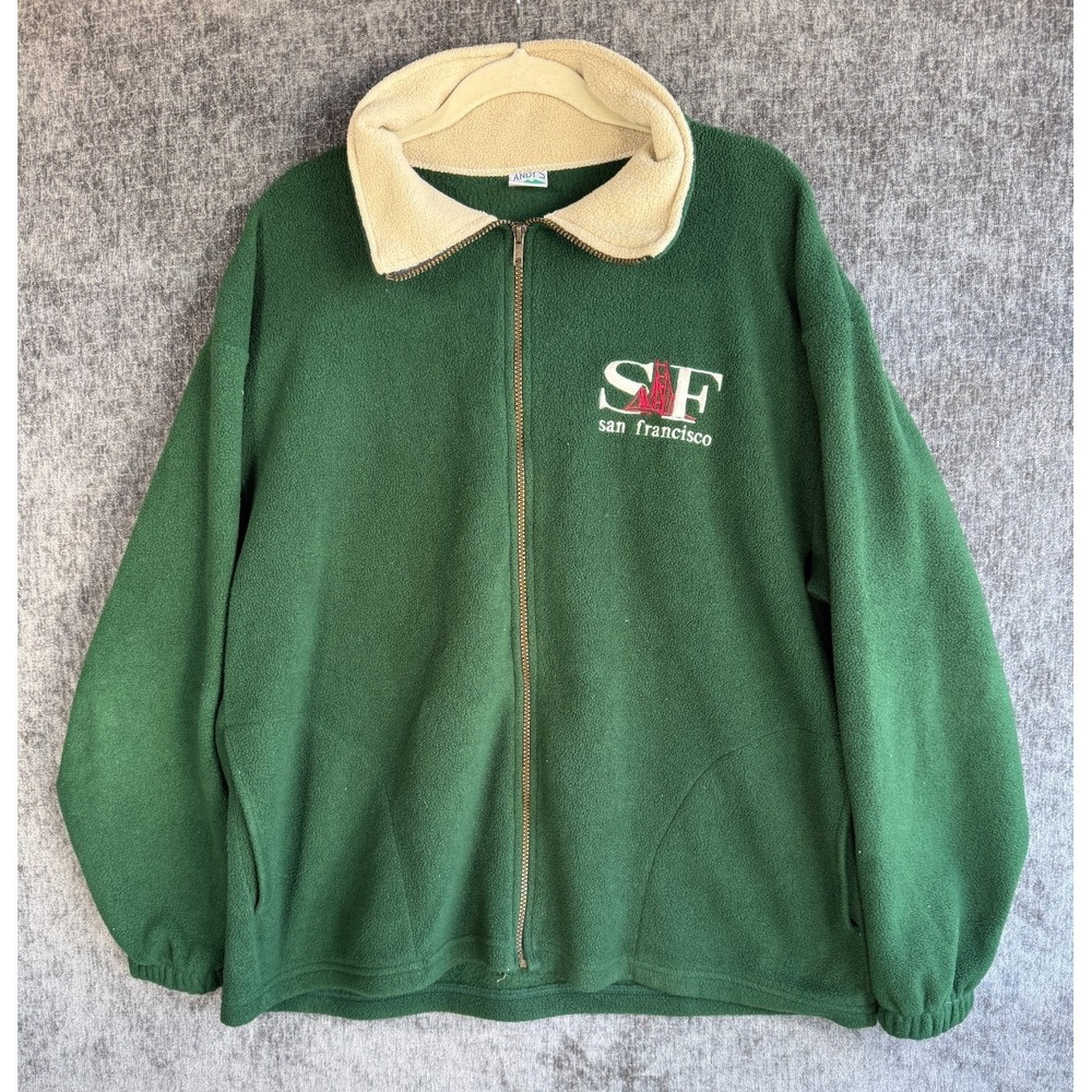 Vtg Mens Sz Large ANDY'S San Francisco Full Zip Green Fleece Sweater Souvenir